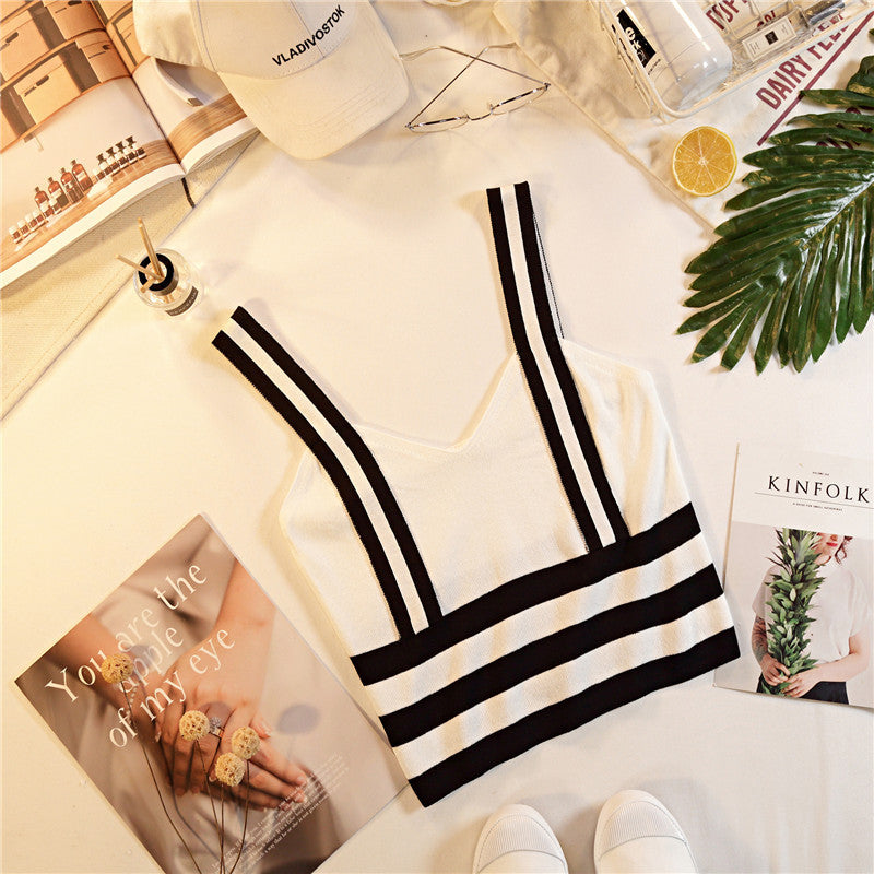 Women's Style Tube Top Contrast Color Striped Backless All-matching Tank Top