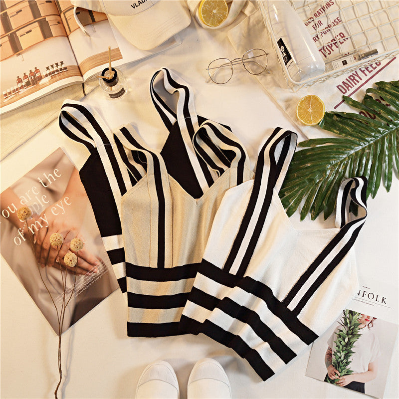 Women's Style Tube Top Contrast Color Striped Backless All-matching Tank Top