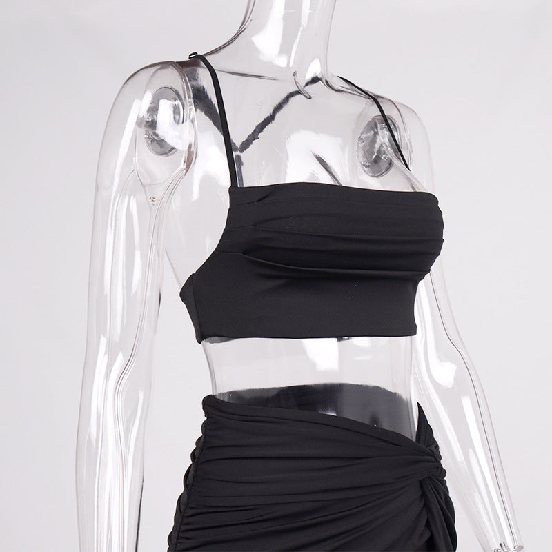 Pleated Crop-top Spaghetti-strap High Slit Long Skirt Two-piece Suit